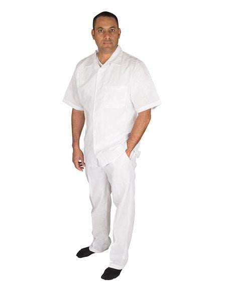 Men's Short Sleeve 100% Linen 2 Piece With Pleated Pant White Shirt Walking Leisure Suit