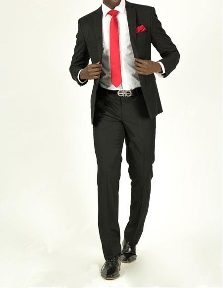 Men's Black Pick Stitched 2 Button Slim Fit Skinny Suit