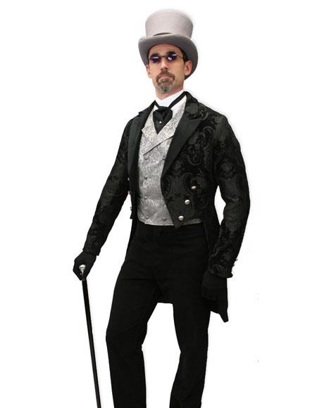 Menâ€™s Black velvet trimmed regency tapestry modern fit Tailcoat