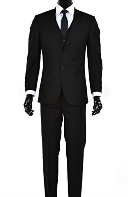 Men's 2 Button Black Slim Fit Vested Suit