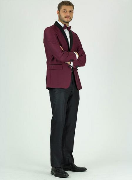 Men's Burgundy ~ Wine ~ Maroon Color Shawl Lapel Side Vents Jacket Burgundy Tuxedo