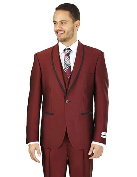 Men's Lorenzo Bruno Slim Fit Burgundy 1 Button Besom Pockets Burgundy Suit