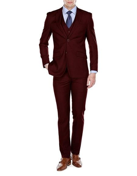 Men's Burgundy ~ Wine ~ Maroon Suit Slim Fit 3 Piece 2 Button Suits (Buy Wholesale 10PC&UP of this for $90)