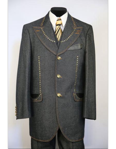 Men's Wide Peak Lapel brass & faux leather accents denim 3pc zoot suit