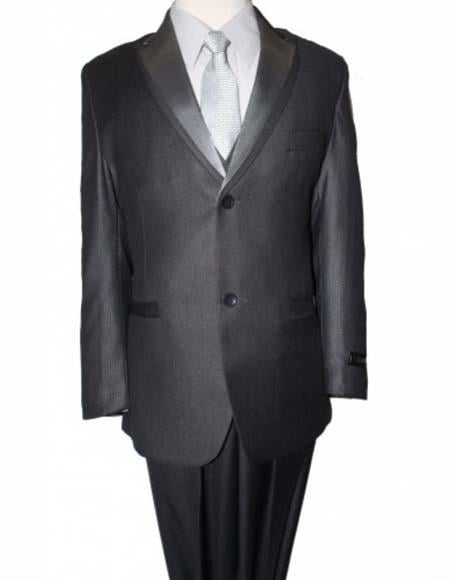 Boy's Solid Double Lapel Gray 5 Piece Suit Vested With Shirt,Tie & Hanky
