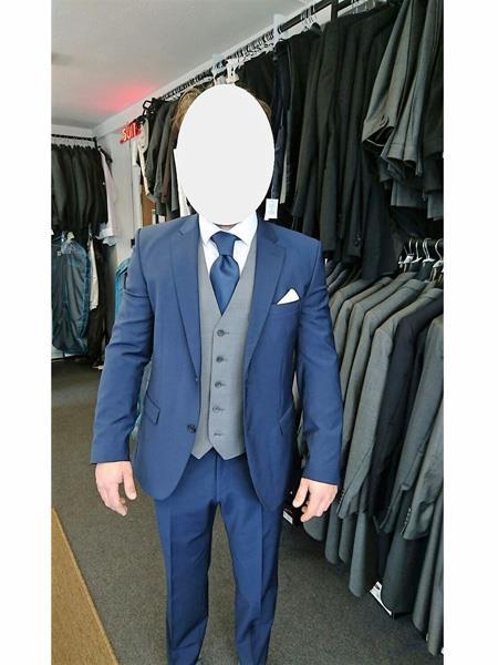 Navy Blue Suit For Men With Grey Vest Vested 3 Piece Wool suit