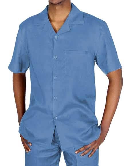Men's Casual Two Piece Sky Baby Blue Linen Short Sleeve 5 Button Closure Casual Two Piece Mens Walking Outfit For Sale Pant Sets Suit - Mens Linen Suit