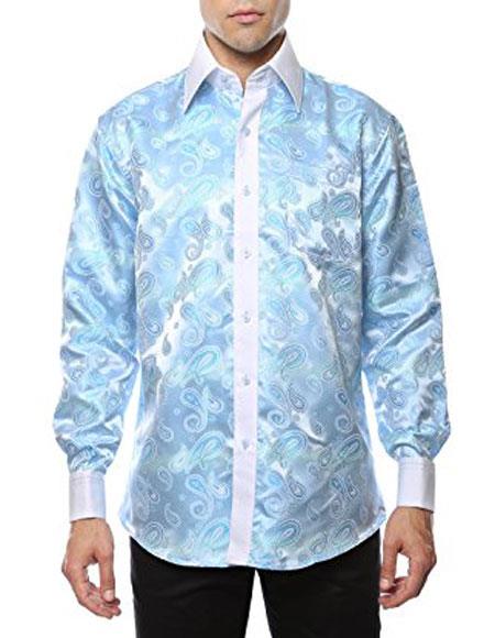 Sky Blue Shiny Satin Floral Spread Collar Paisley Dress Shirt