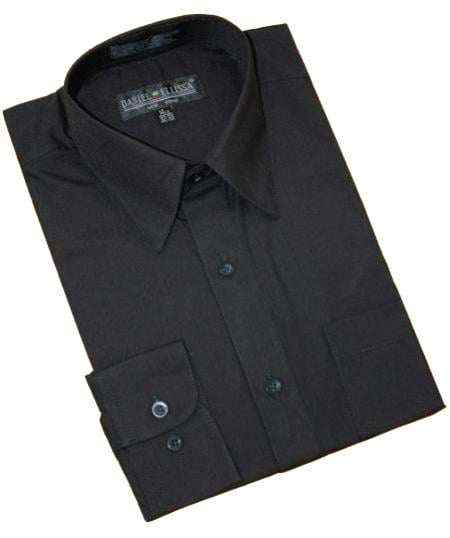 Solid Black Cotton Blend Dress Shirt With Convertible Cuffs Men's Dress Shirt mensusa