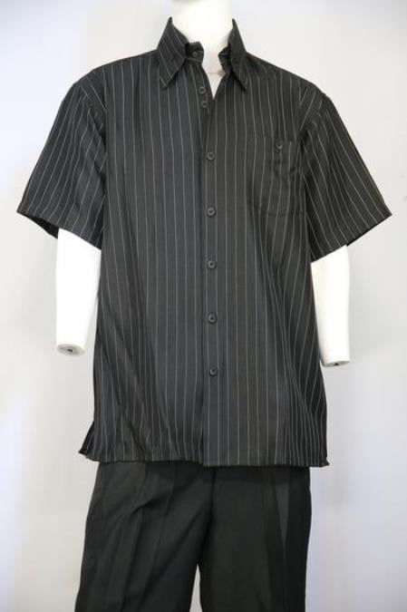 Men's Razor Stripe Sleeve Button Fastening Casual Two Piece Walking Outfit For Sale Pant Sets Suit Black
