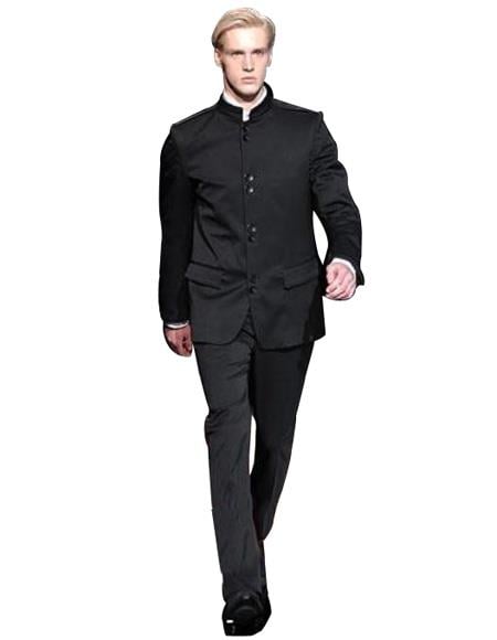 Super High Quality Exclusive Style and Cut 8 Button Black Mandarin Banded Collar Suits mensusa
