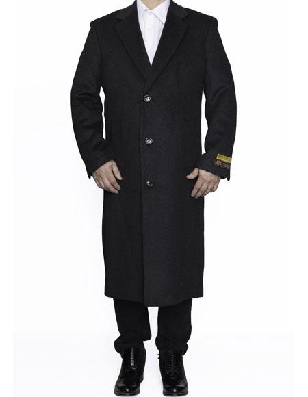 Men’s Charcoal Full Length Wool Dress Topcoat, Formal Winter Overcoat for Men