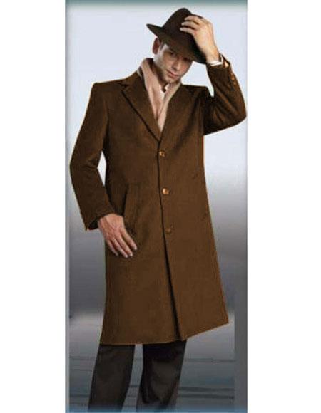 Men's Cognac Authentic Alberto Nardoni Brand Full Length Coat Long Men's Dress Topcoat - Winter coat