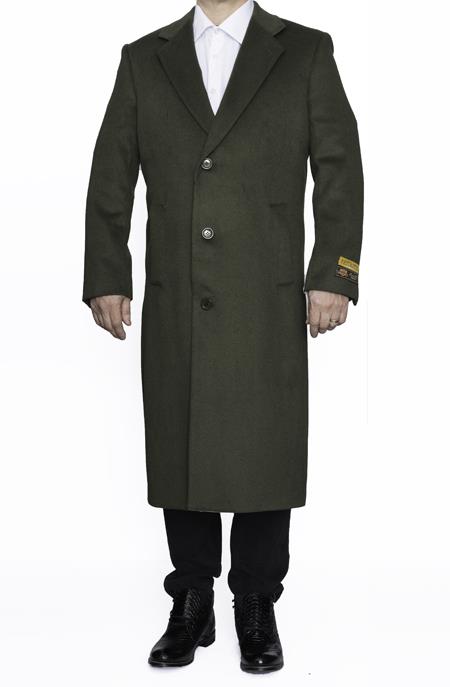 Men’s Olive Green Full Length Wool Blend Topcoat, Long Dress Overcoat for Winter Formal Wear