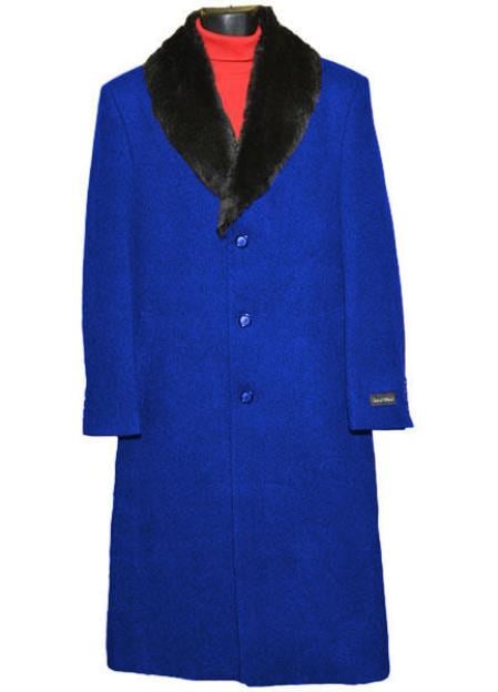 Men's Dress Coat Royal Blue 3 Button (Removable ) Fur Collar Full Length Overcoat ~ Long Men's Dress Topcoat - Winter coat full length Fabric Also