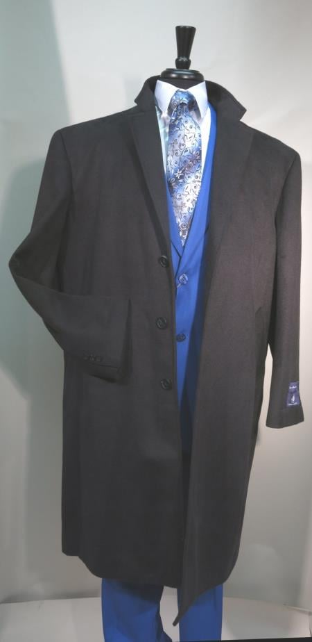 Men’s Charcoal 3 Button Long Wool Blend Dress Coat, Full Length Formal Winter Overcoat