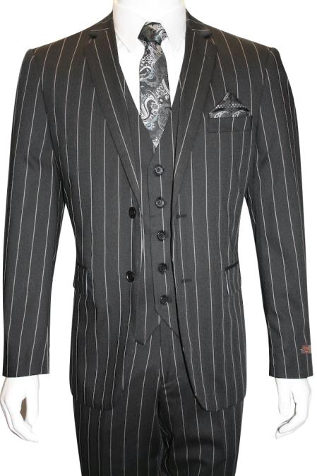 Men's Bold Gangster 1920s Vintage Black and White Gangster Bold Stripe 2 Button Vested Suit
