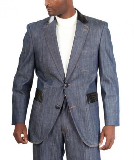 Fashion Two Button Cotton Timmed Denim Suit Two Button With Leatherette