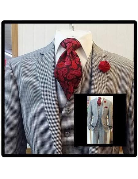 Men’s Black and White Houndstooth Tweed 3 Piece Suit, Vested 2 Button Formal Dress Suit