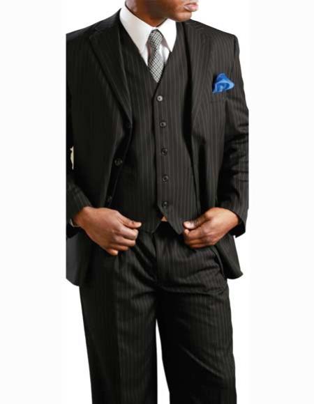 Men's Black 2 Button Banker Pinstripe ~ Stripe 3 Piece Vested Suit