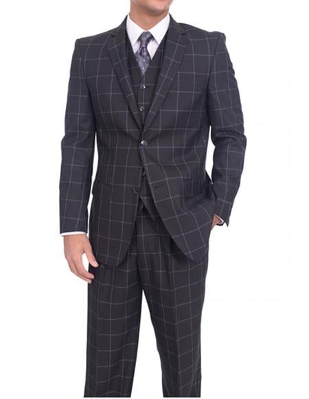 Men's Two Button Classic Fit Solid Black/Blue Windowpane Three Piece Suit