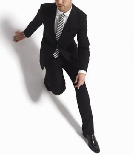 Slim Fitted Brand 2 Button Black Tonal Stripe Wool Suit Flat Front Slacks