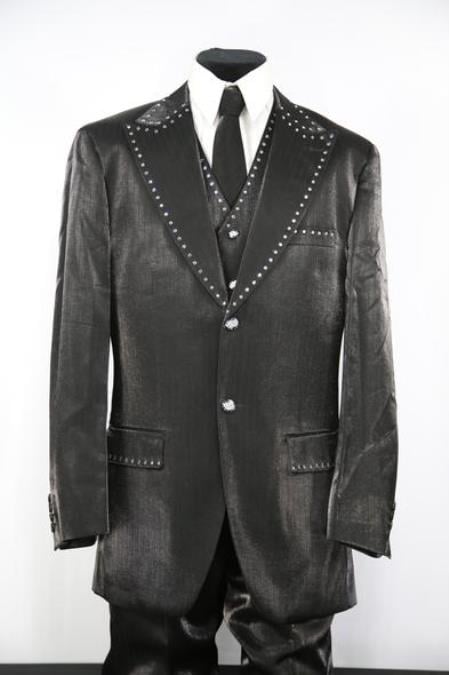 Men's Rhinestone Peak Lapel Black Zoot Suit