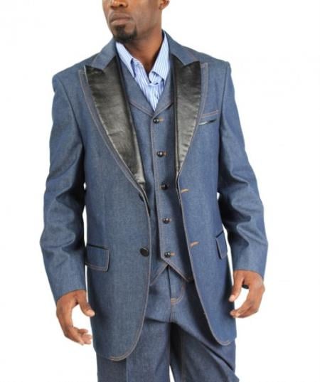 Fashion Two Button Cotton Timmed Denim Suit Three Button Traditional Fit Black,Blue