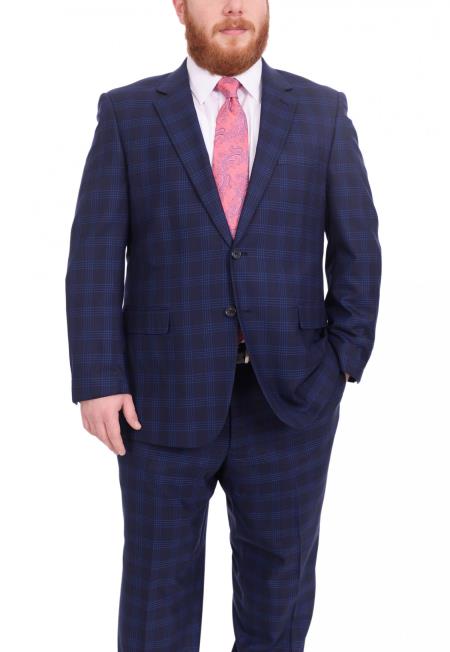 Mix and Match Suits Men's Plaid Pattern Portly Fit Blue Two Button Fully Lined Suit Executive Fit Suit - Mens Portly Suit