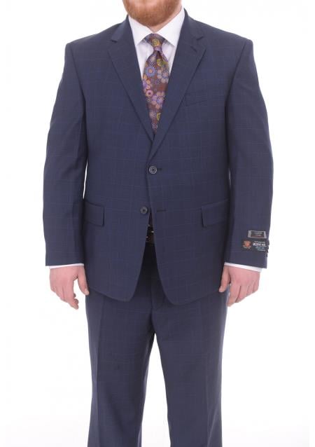 Mix and Match Suits Men's 2 Button Portly Fit Blue Plaid Pattern With Overcheck Suit Executive Fit Suit - Mens Portly Suit