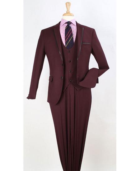 Men's Two Toned And Fashion Trim Lapel Burgundy Wedding / Prom 2026 / Homecoming Tuxedo Vested 3 Pieces Burgundy Suit