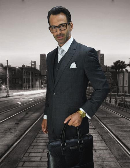 Men's Designer Patterned Texture Fabric Suits Clothing Confidence Plaid Charcoal Fine Brands Best Italian Style Cut Suits