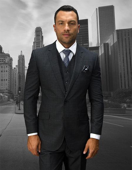 Men's Designer Patterned Texture Fabric Suits Clothing Confidence Plaid Charcoal 2 Button Double Breasted Vest Fine Brands Best Italian Style Cut Suits