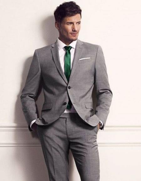 gray tux with green tie
