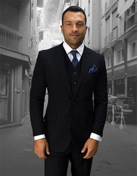 Men's Designer Patterned Texture Fabric Suits Clothing Confidence Plaid Dark Navy 2 Button Double Breasted Vest Fine Brands Best Italian Style Cut Suits