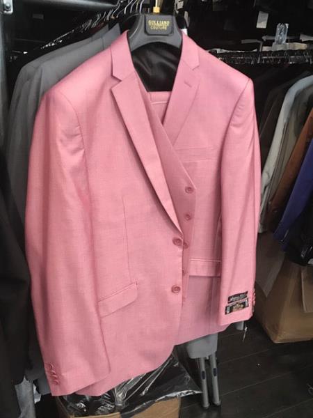 Men's Pink Suit Flap Front pockets Vested Suit