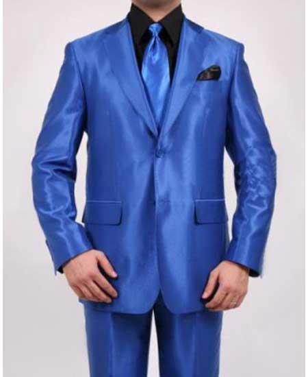 Men's 2 Button Shiny Sharkskin Oxford Fitted Royal Blue Dress Suits for Men