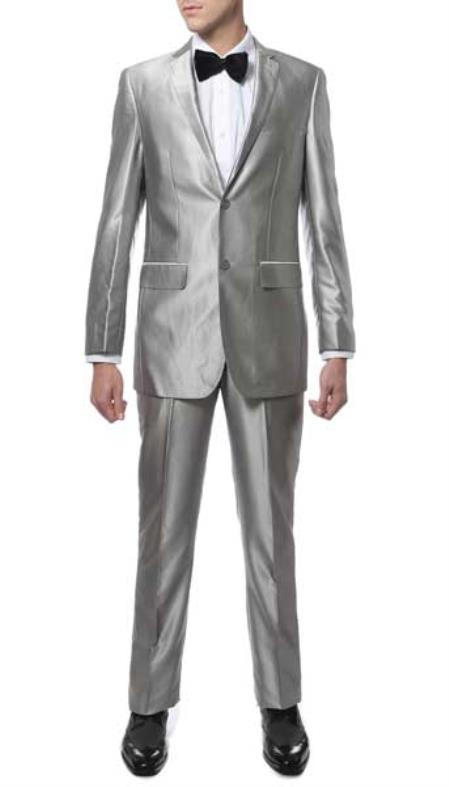 Mens Silver Suit Mens Two Button Closure Silve Sharkskin Slim Fitted Suit