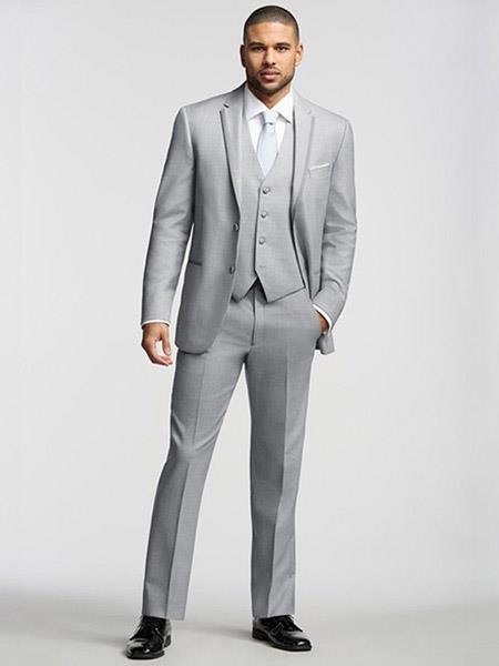 Men's 2 Buttons Silver ~ Light Grey ~ Gray Tuxedo 2 Button Style With Trim Vested
