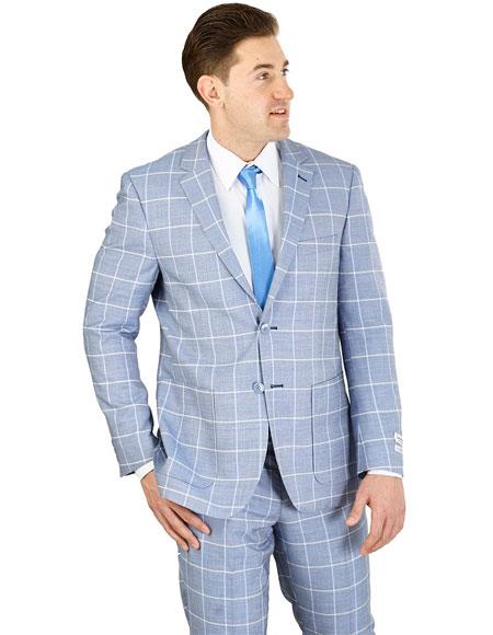 Men's Wedding - Prom 2026 Event Bruno Blue Modern Fit Suits 2 Button Square Pattern Suit