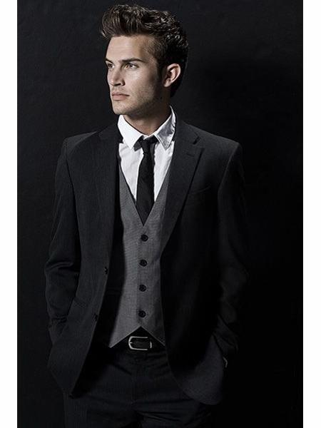 Black Suit Gray Vest 2 Button Black suit with Grey vest 3PC 3 Pieces Vested suit