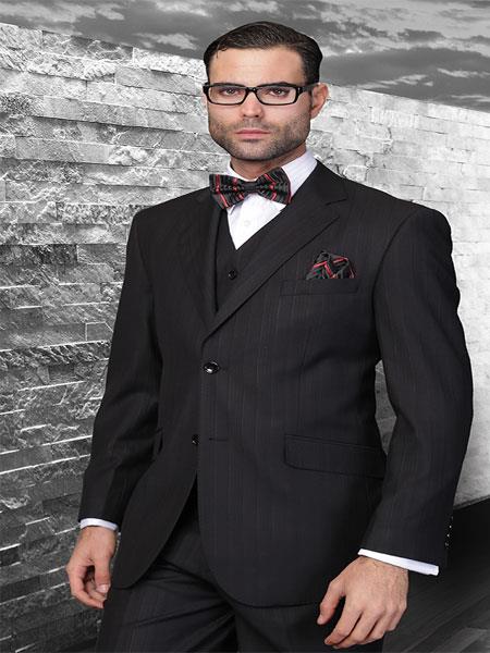 Men's 3 Piece Black On Black Shadow Stripe Tone on Tone Stripe ~ Pinstripe  Pattern  Italian Design Suit
