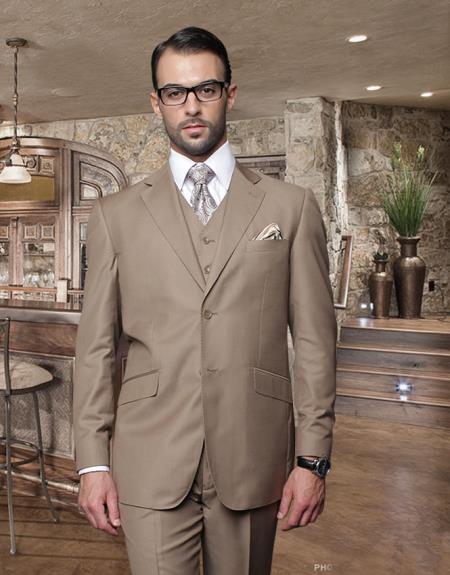 Classic 3PC 2 Button Bronze ~ Camel ~ khaki Suit Super 150'S Pick Stitched Lapel Italian Fabric Pleated Pants 100% Wool