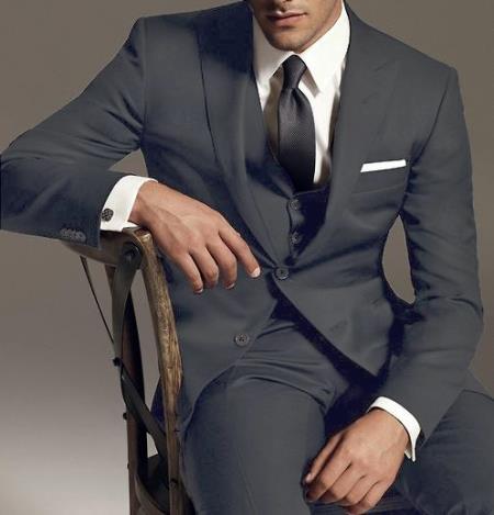 Men’s Dark Grey 3 Piece Vested Suit with 2 Button Jacket and Peak Lapel, Formal Wedding Business Suit