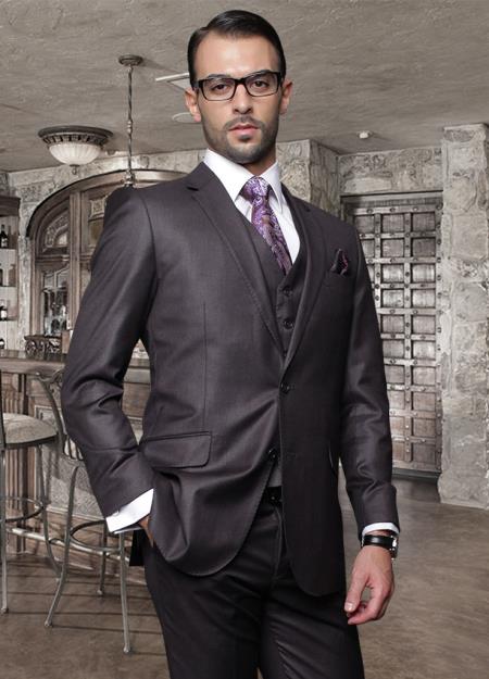 2 Button Heather Charcoal Suit with a Vest Super 150's Italian Pick Stitched Lapel Slanted Pocket - Three Piece Suit