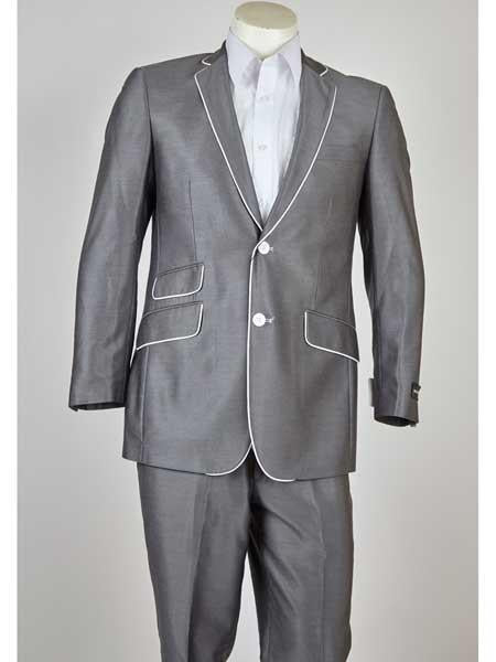 Men's Grey Tuxedo - Gray Tuxedo Suit With White Trim Lapel Slim Fit Wedding Suit - Prom 2026 Suit
