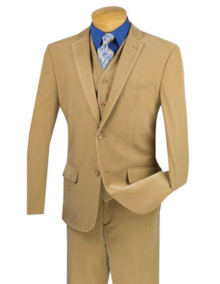Mens Corduroy Suit Mens Two Buttons Pinstripe ~ Stripe Khaki corduroy 3 piece vested suits Flat Front Pants - Three Piece Suit