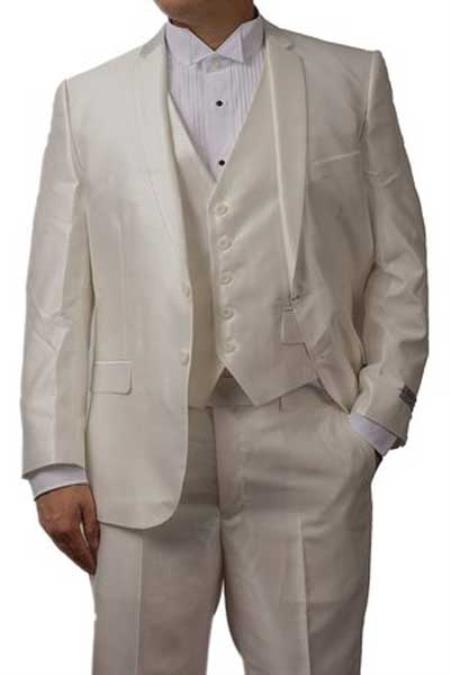 Men's 3 Piece Shiny Off White Sharkskin Dress Slim Fit Vested Suit
