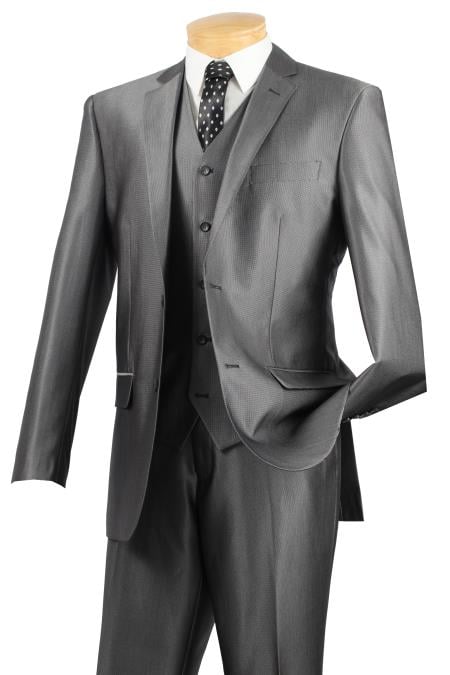 2 Button patterned Solid 3pcs Slim Fit Suit with vest â€“ Gray - Three Piece Suit