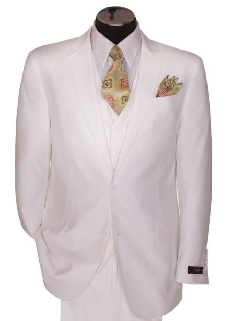 Men's 2 Button White Regular Basic Cut Flat Front Pants Three Piece Suit